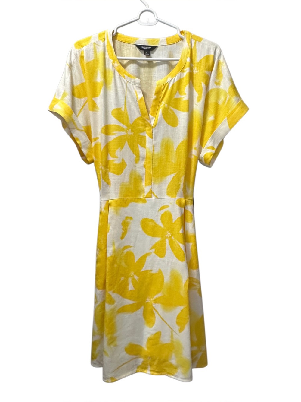 Vera Wang NWT Yellow White Floral Midi Dress XL Pockets Linen Blend Tie Waist